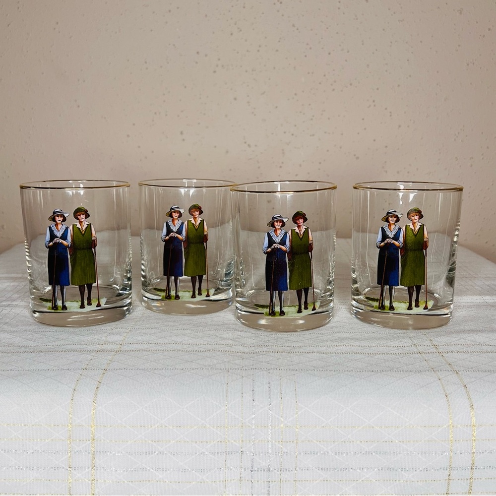 Women Lady Golfer Glasses Highball Whiskey Unique Rare Set Of 4 Vintage.